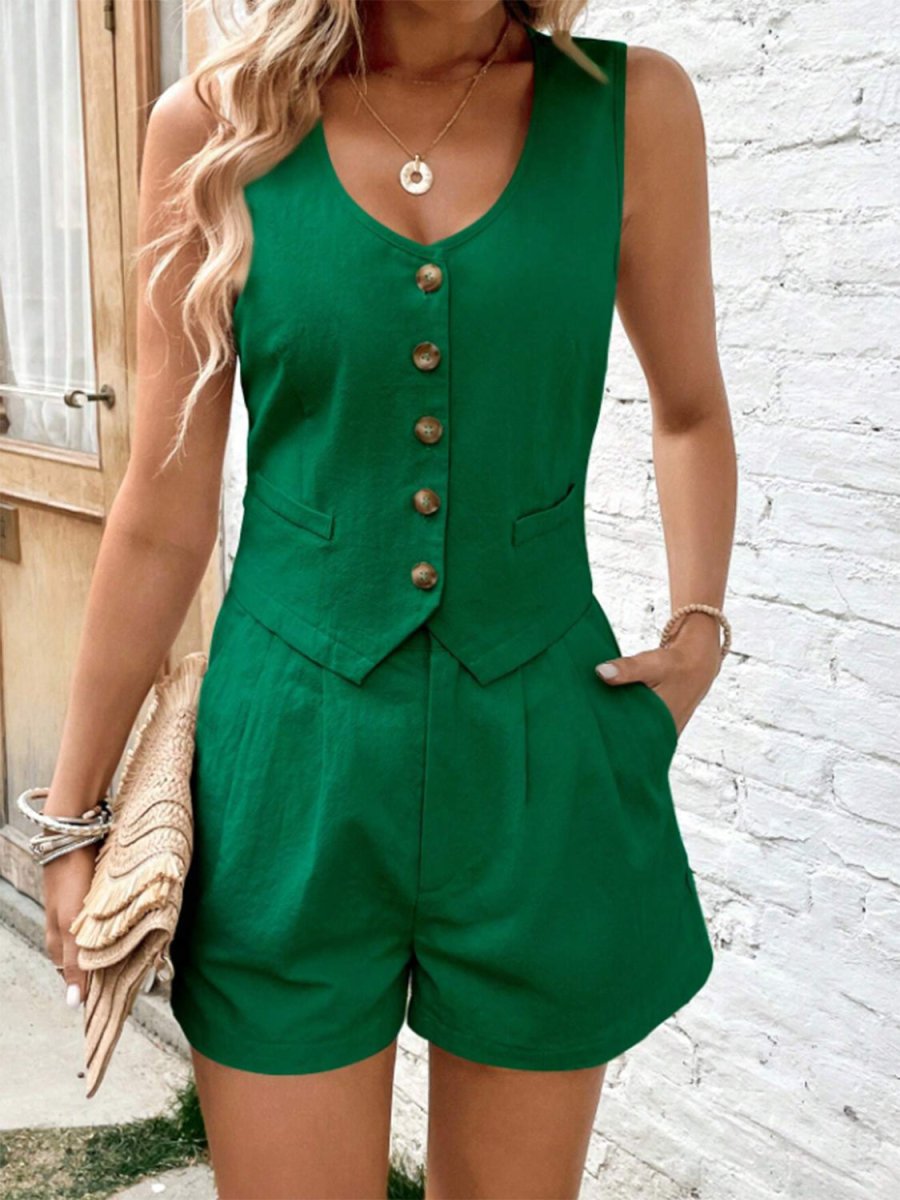 Minimalistisches Damen-Zweiteiler-Set mit ärmellosem Rundhalsausschnitt und Shorts für bequeme und mühelose Alltagskleidung