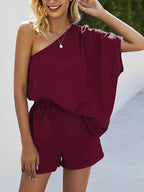 Women's Elegant One-Shoulder Batwing Sleeve Romper for Effortless Evening Style