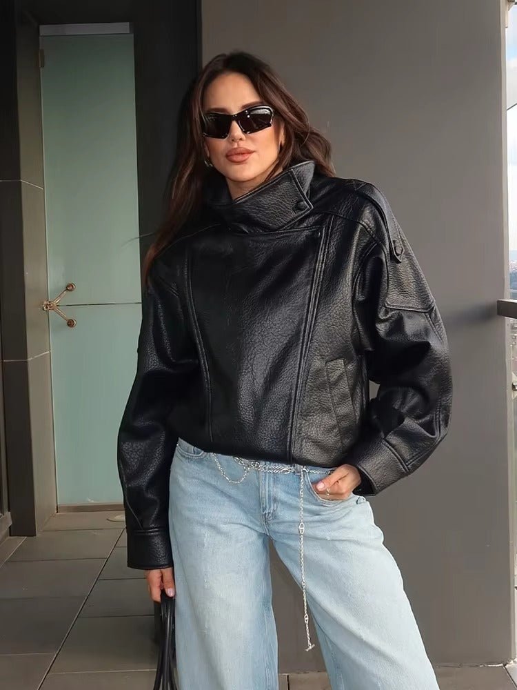Blouson de motard asymétrique pour femme à col montant
