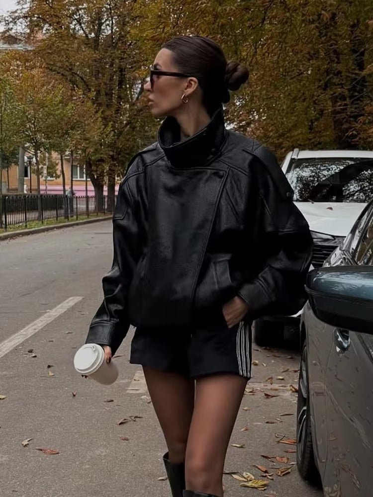 Blouson de motard asymétrique pour femme à col montant