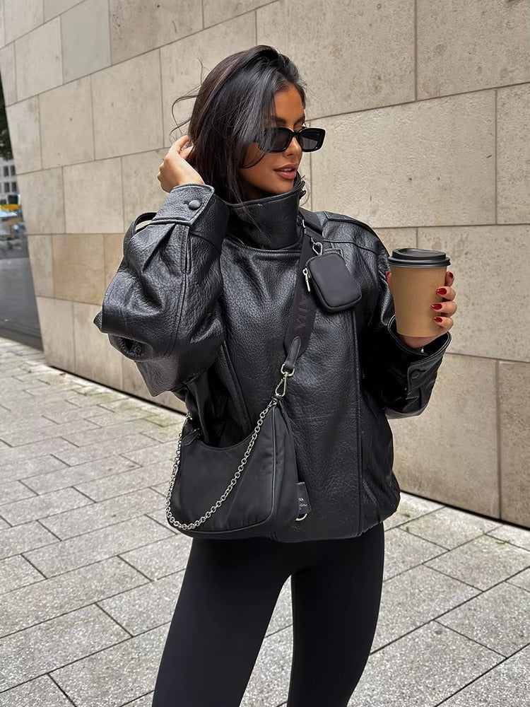 Blouson de motard asymétrique pour femme à col montant