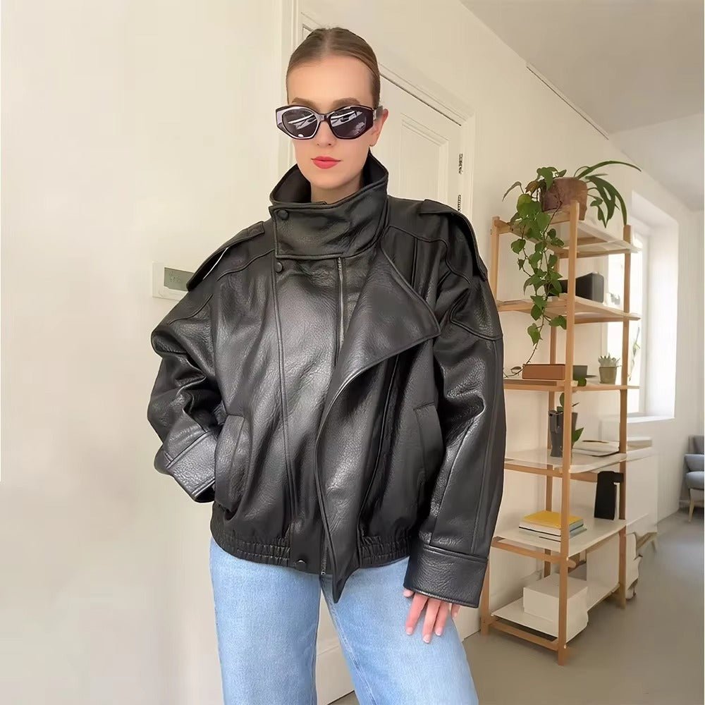 Blouson de motard asymétrique pour femme à col montant