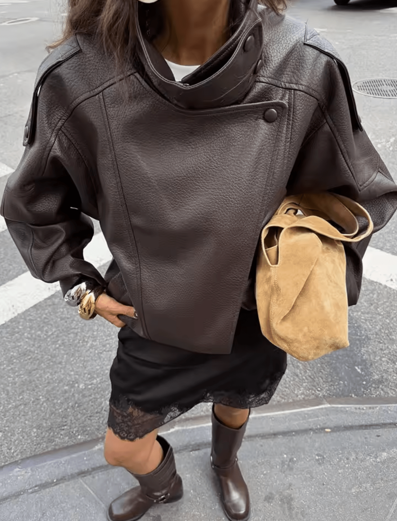 Blouson de motard asymétrique pour femme à col montant