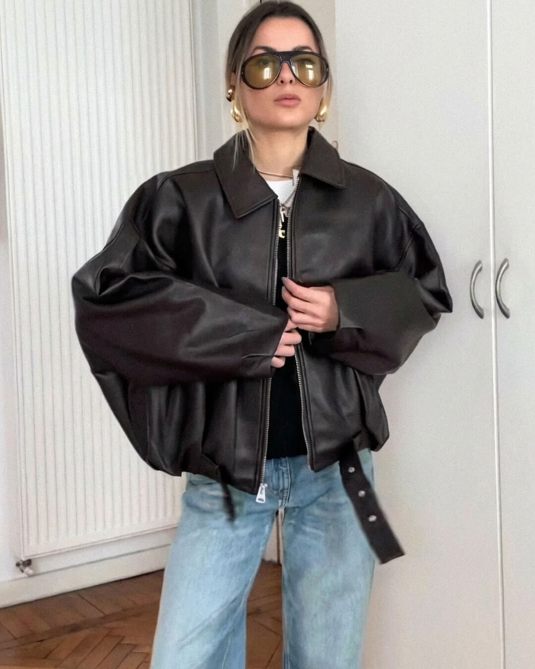 Blouson aviateur zippé à ceinture pour femme