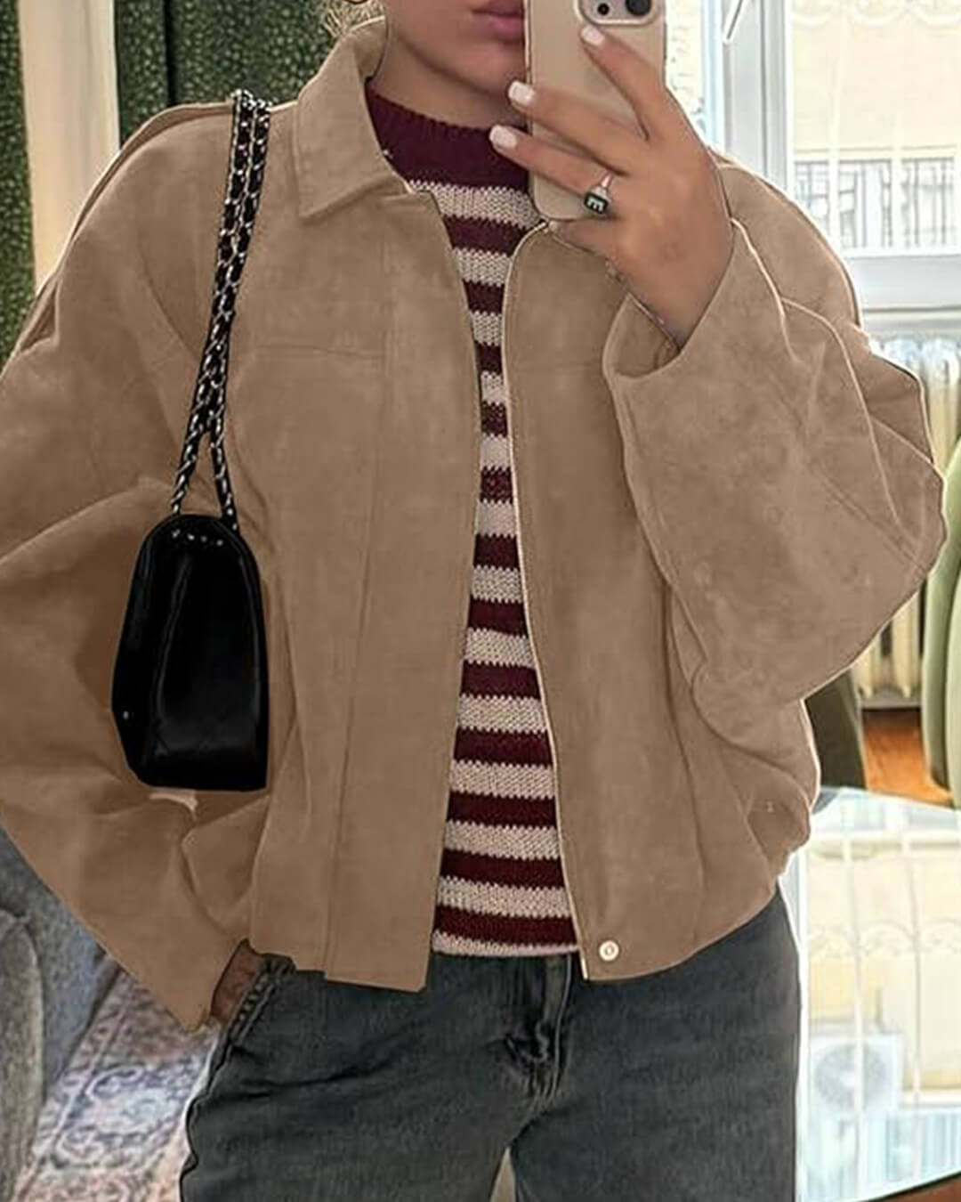 Blouson aviateur décontracté effet daim pour femme