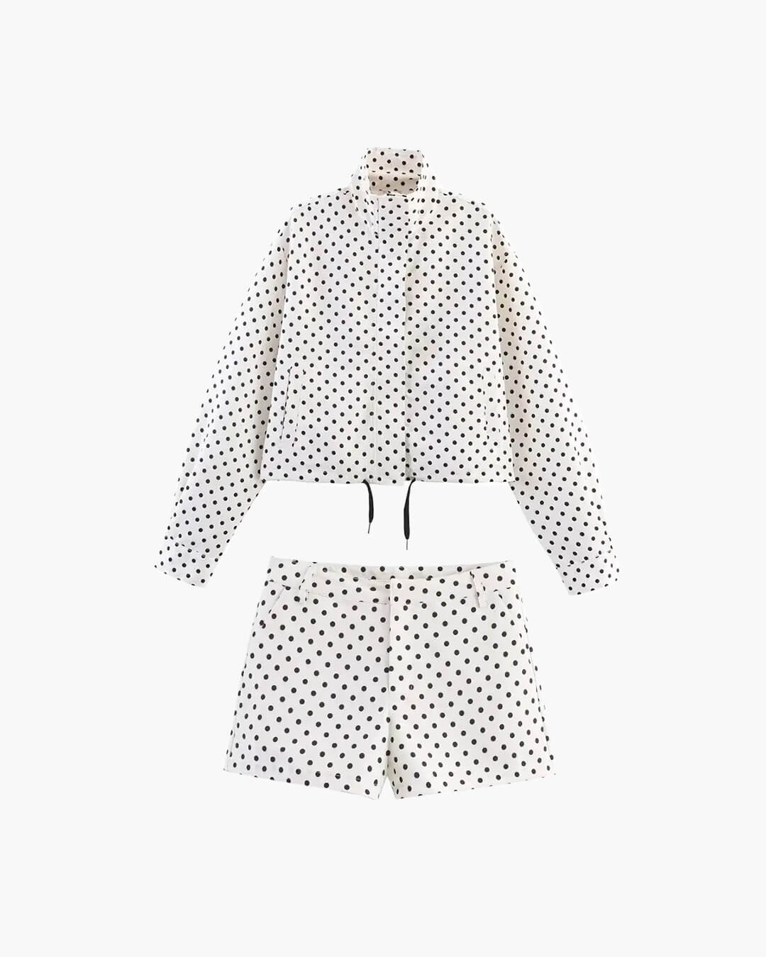Ensemble femme composé d’une veste à pois et d’un pantalon à jambes larges