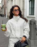 Damen-Set aus Jacke mit Polka-Dots und Hose mit weitem Bein
