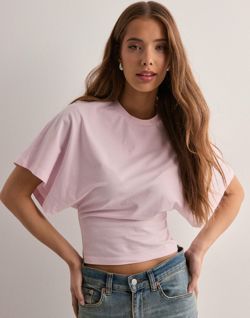 Women's Batwing Sleeve Cinched Waist T-Shirt with Relaxed Fit and Crew Neck