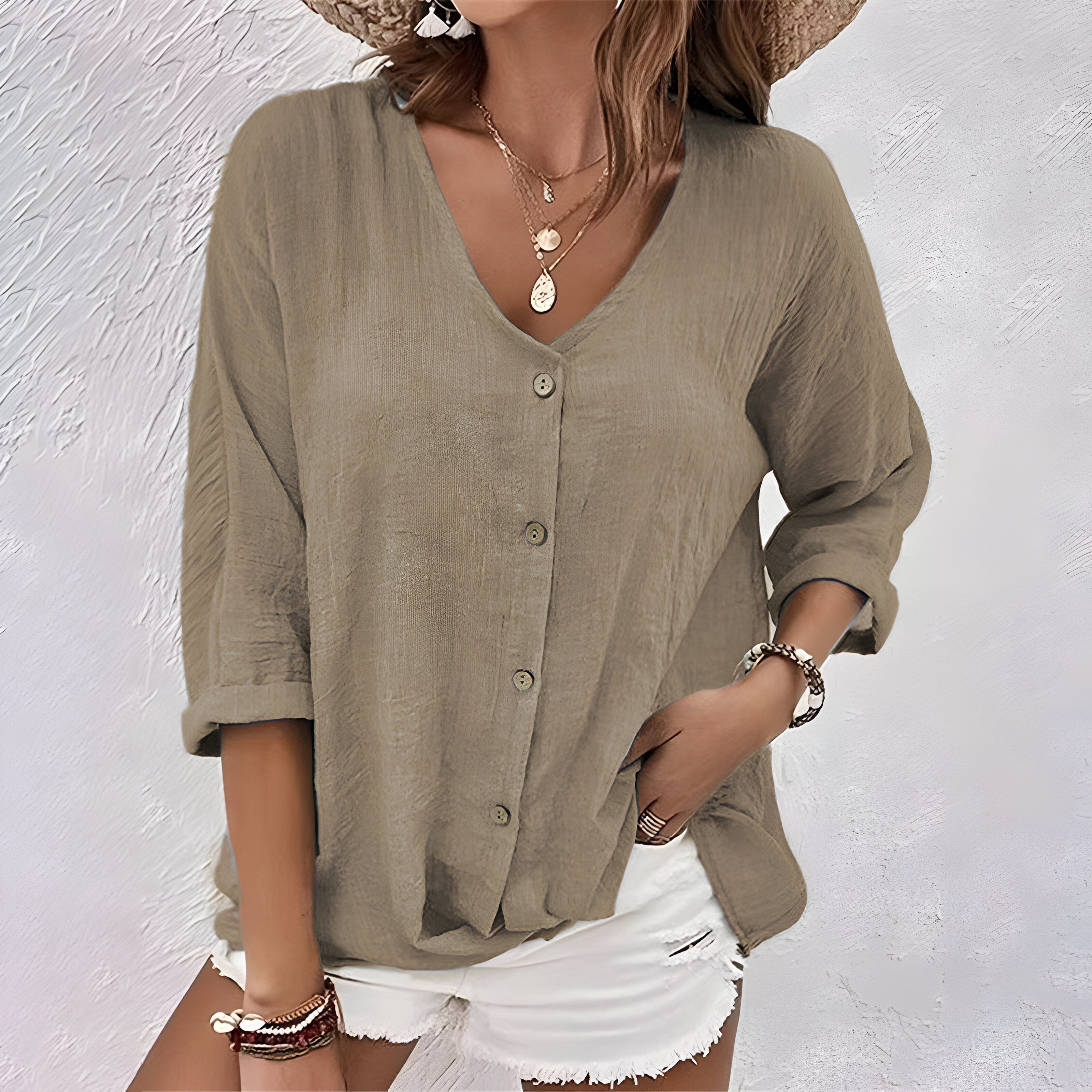 Women's Relaxed Button Front V-Neck Blouse