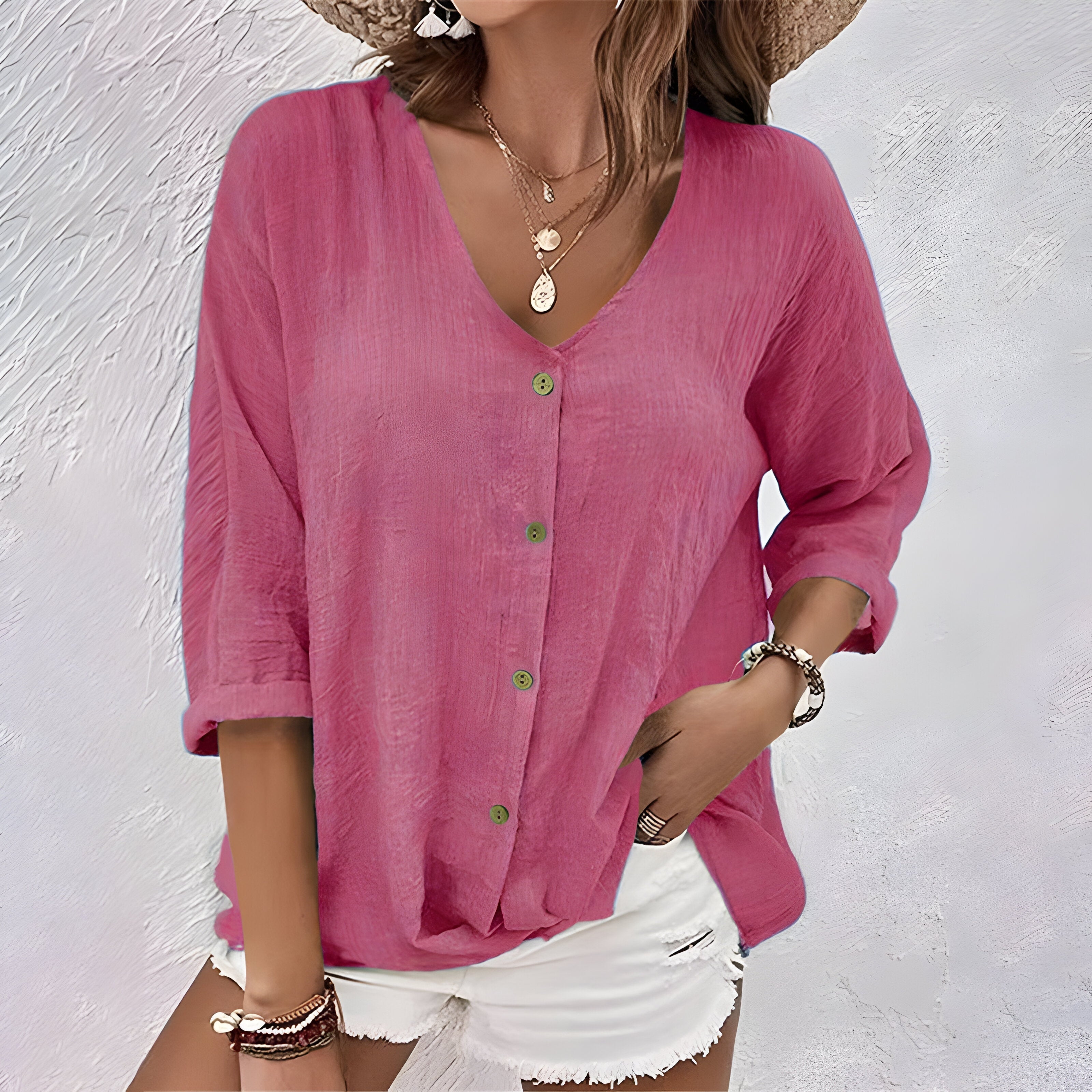 Women's Relaxed Button Front V-Neck Blouse