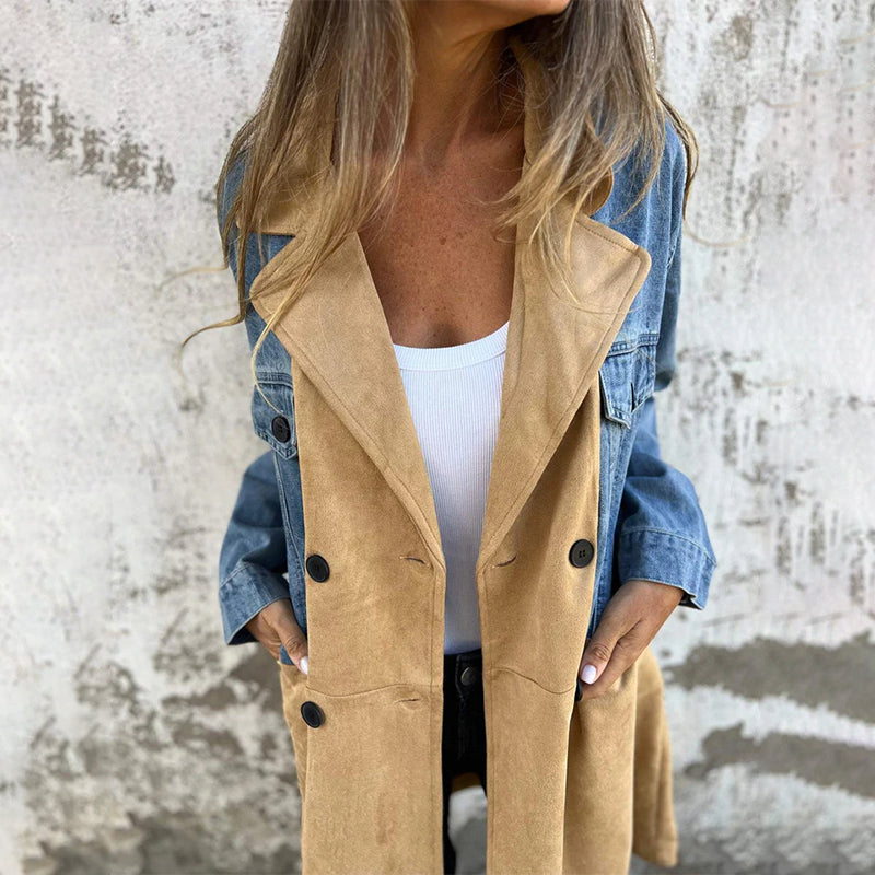 Women's Contrast Denim Sleeve Longline Jacket
