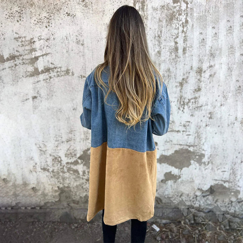 Women's Contrast Denim Sleeve Longline Jacket
