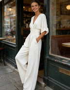 Women's Wide Leg Jumpsuit with V Neck and Tie Waist