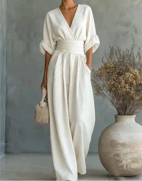 Women's Wide Leg Jumpsuit with V Neck and Tie Waist