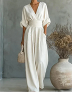 Women's Wide Leg Jumpsuit with V Neck and Tie Waist