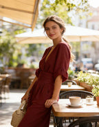 Women's Wide Leg Jumpsuit with V Neck and Tie Waist