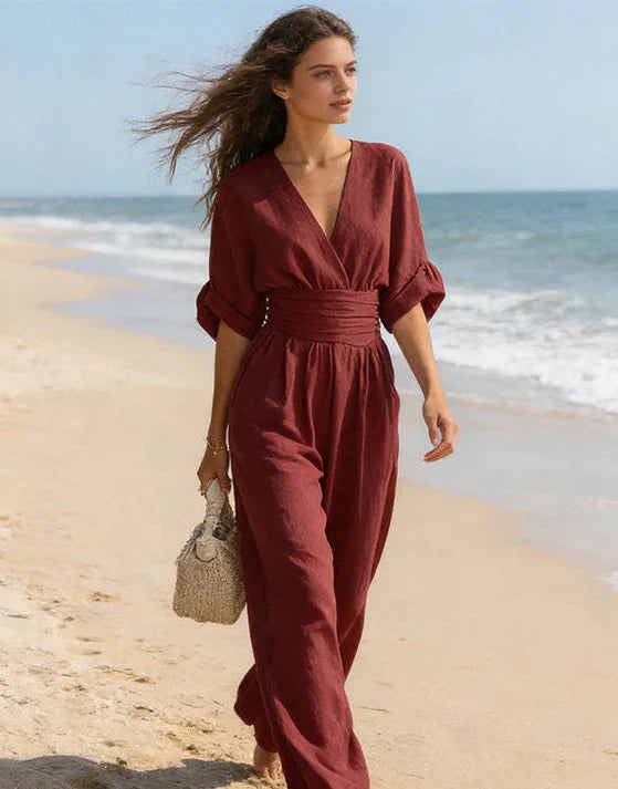 Women's Wide Leg Jumpsuit with V Neck and Tie Waist