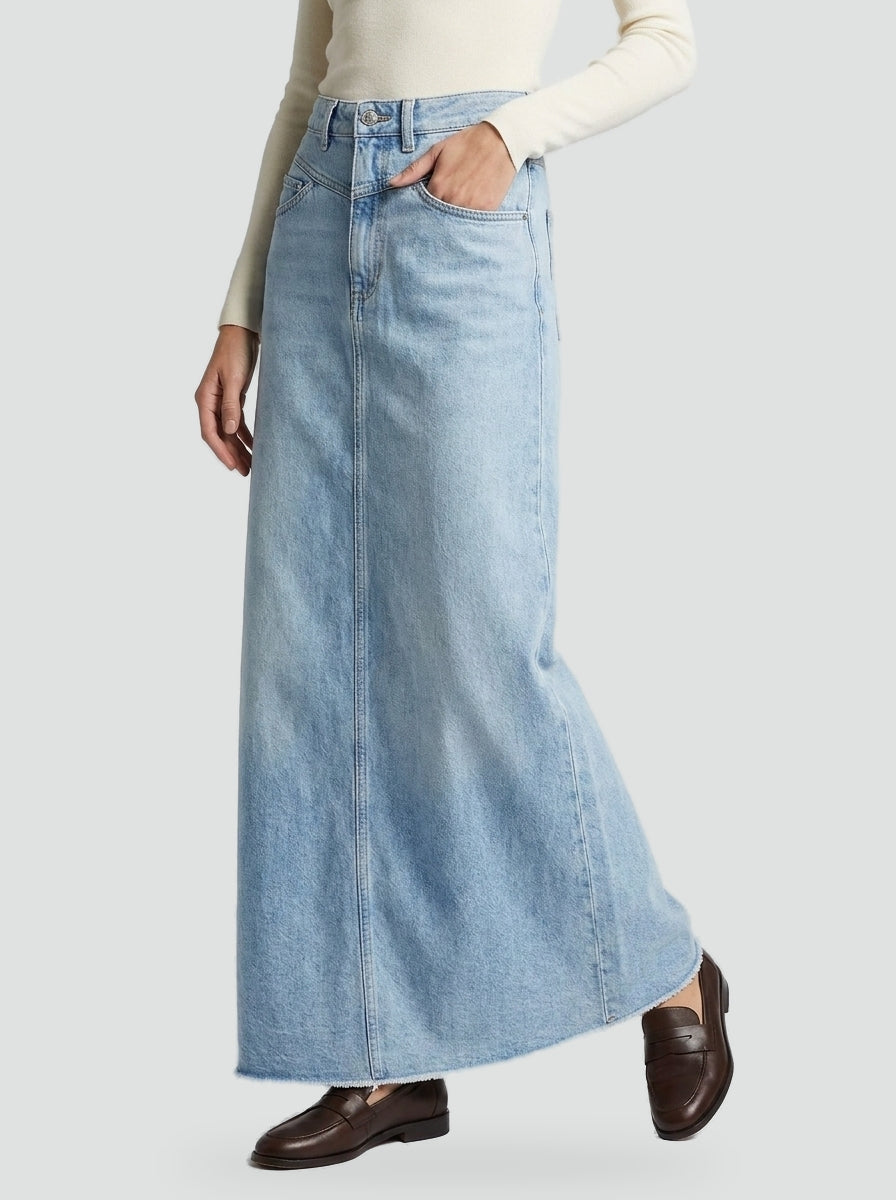 Lang denim-maxinederdel med høj talje til kvinder