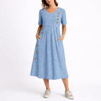 Gestreiftes Midikleid für Damen mit dekorativem Knopfdetail, kurzen Ärmeln und Seitentaschen