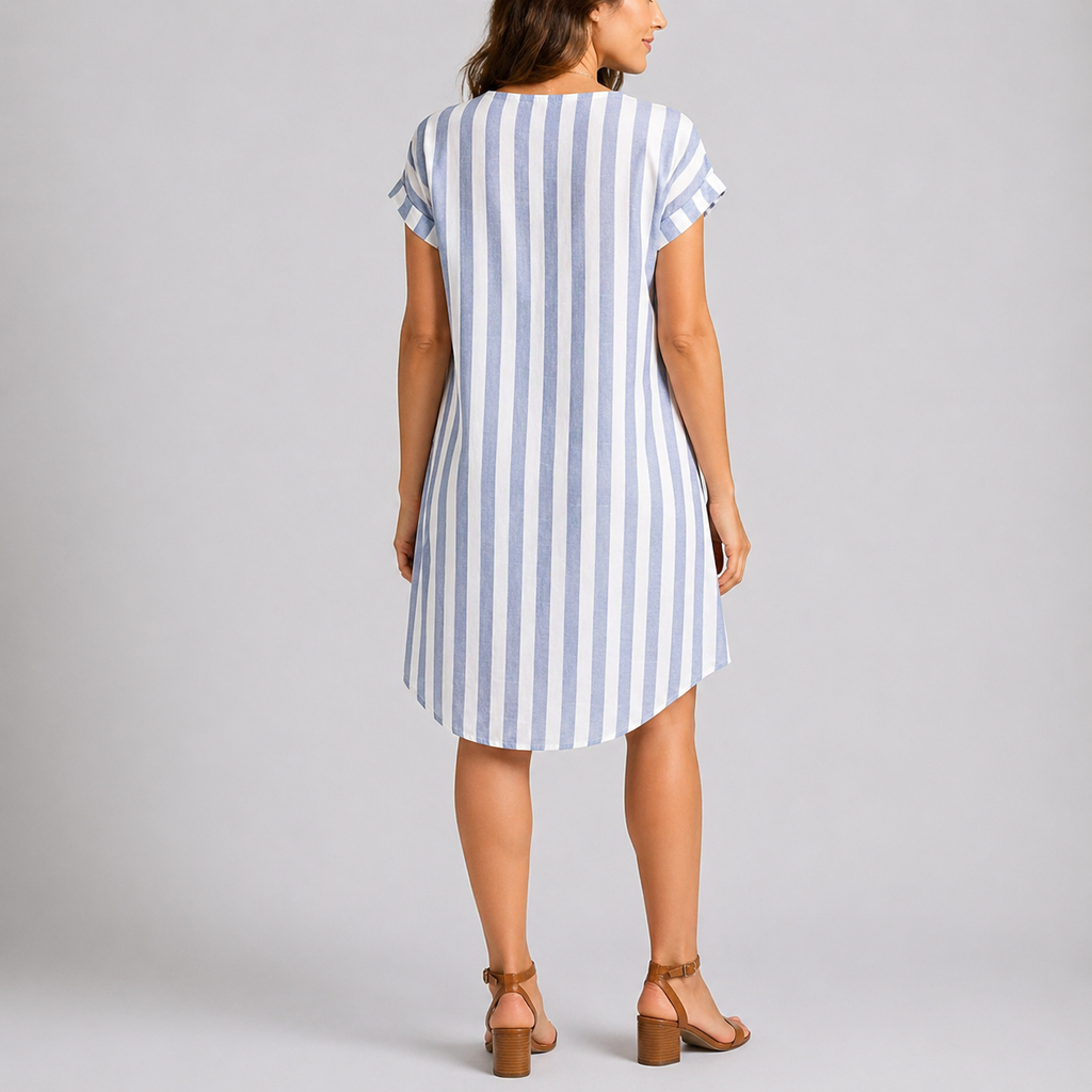 Gestreiftes Damenkleid mit Knopfleiste, knielang und mit Taschen