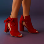 Women's Peep Toe Bow Block Heel Ankle Boots