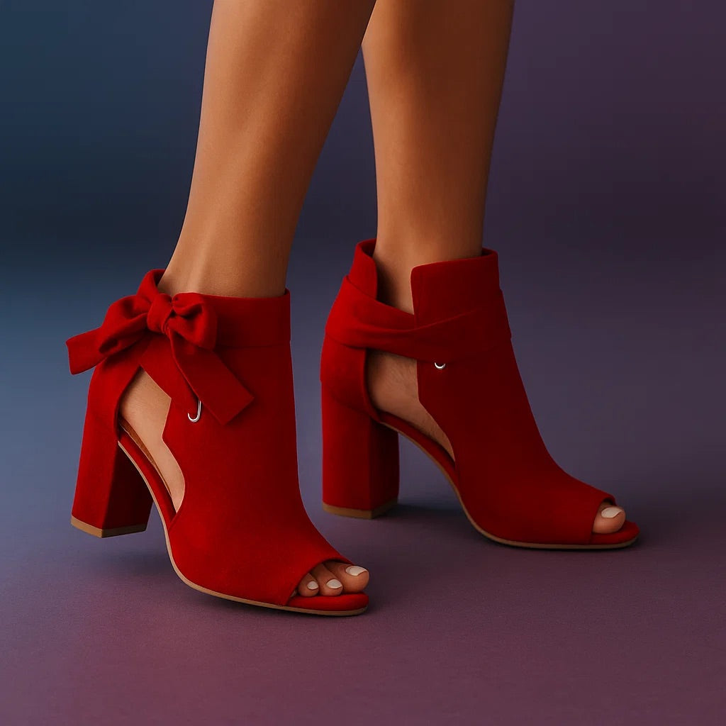 Women's Peep Toe Bow Block Heel Ankle Boots