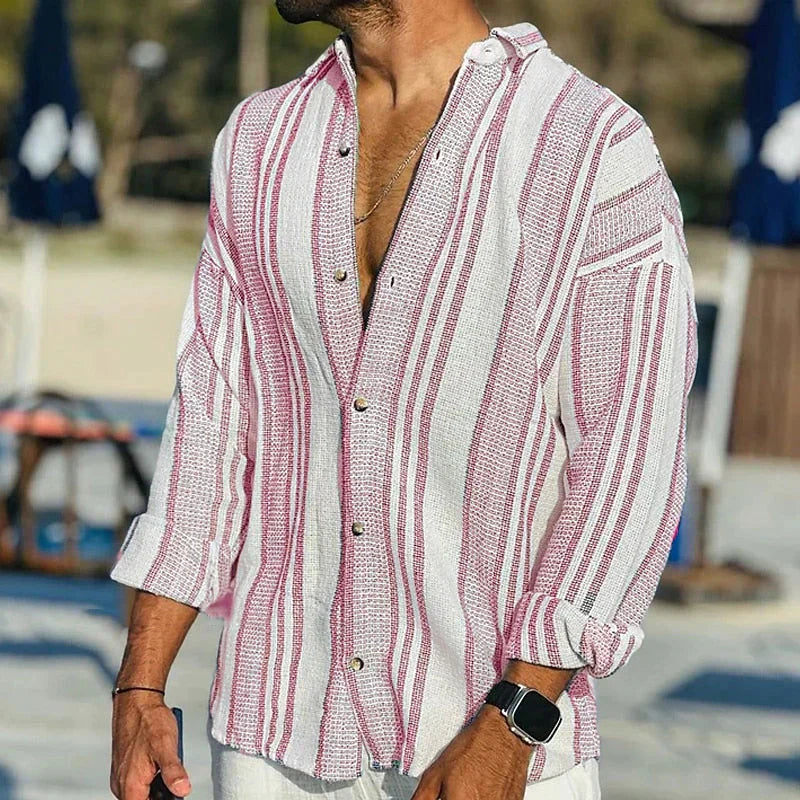 Men's Striped Cotton Linen Shirt with Long Sleeves for Summer Wear