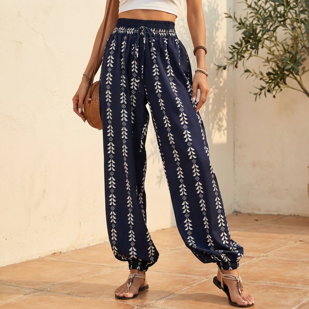 Damen bedruckte High-Waist-Hose mit Bindetail für stylischen und bequemen Alltag