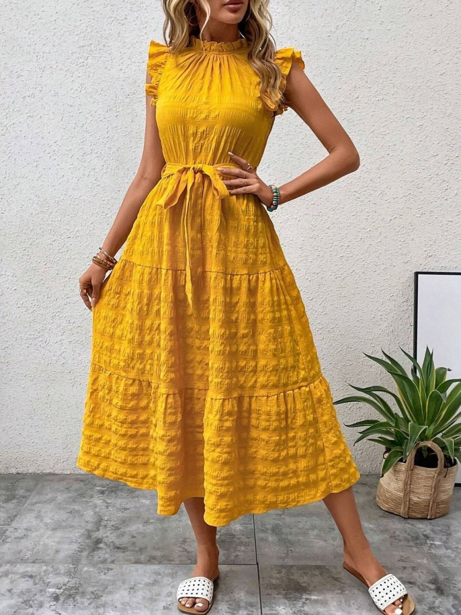 Elegantes Damen-Midikleid mit Rüschen-Cap-Ärmeln und Taillengürtel für femininen Anlassstil
