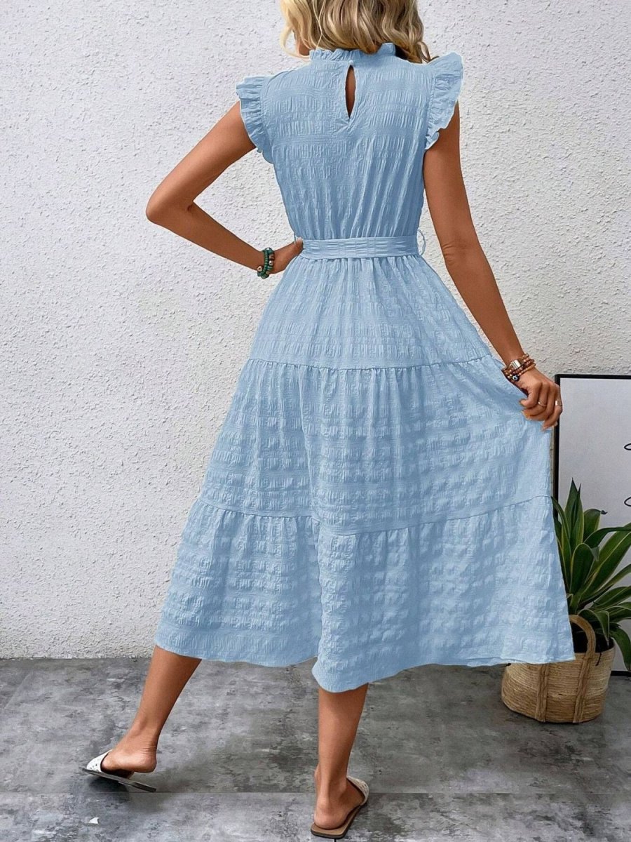 Elegantes Damen-Midikleid mit Rüschen-Cap-Ärmeln und Taillengürtel für femininen Anlassstil