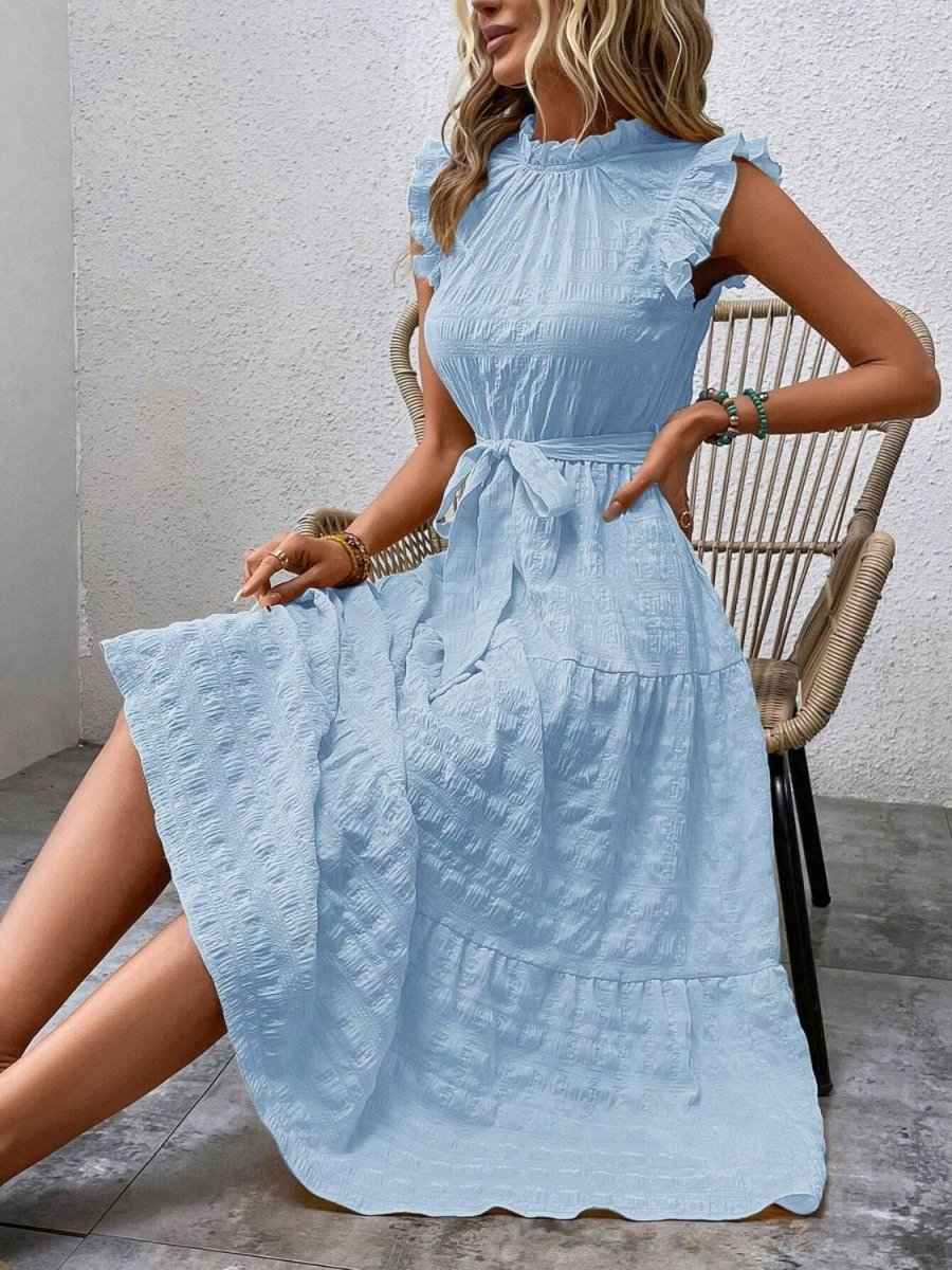 Elegantes Damen-Midikleid mit Rüschen-Cap-Ärmeln und Taillengürtel für femininen Anlassstil