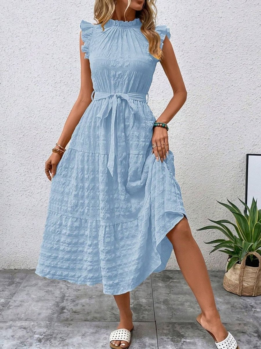 Women's Elegant Ruffled Cap Sleeve Midi Dress with Tie Waist for Feminine Occasion Style