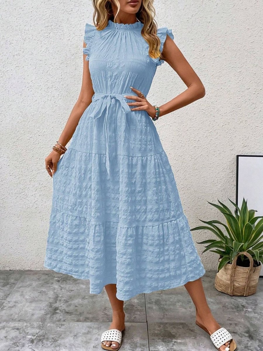 Elegantes Damen-Midikleid mit Rüschen-Cap-Ärmeln und Taillengürtel für femininen Anlassstil