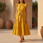 Elegantes Damen-Midikleid mit Rüschen-Cap-Ärmeln und Taillengürtel für femininen Anlassstil