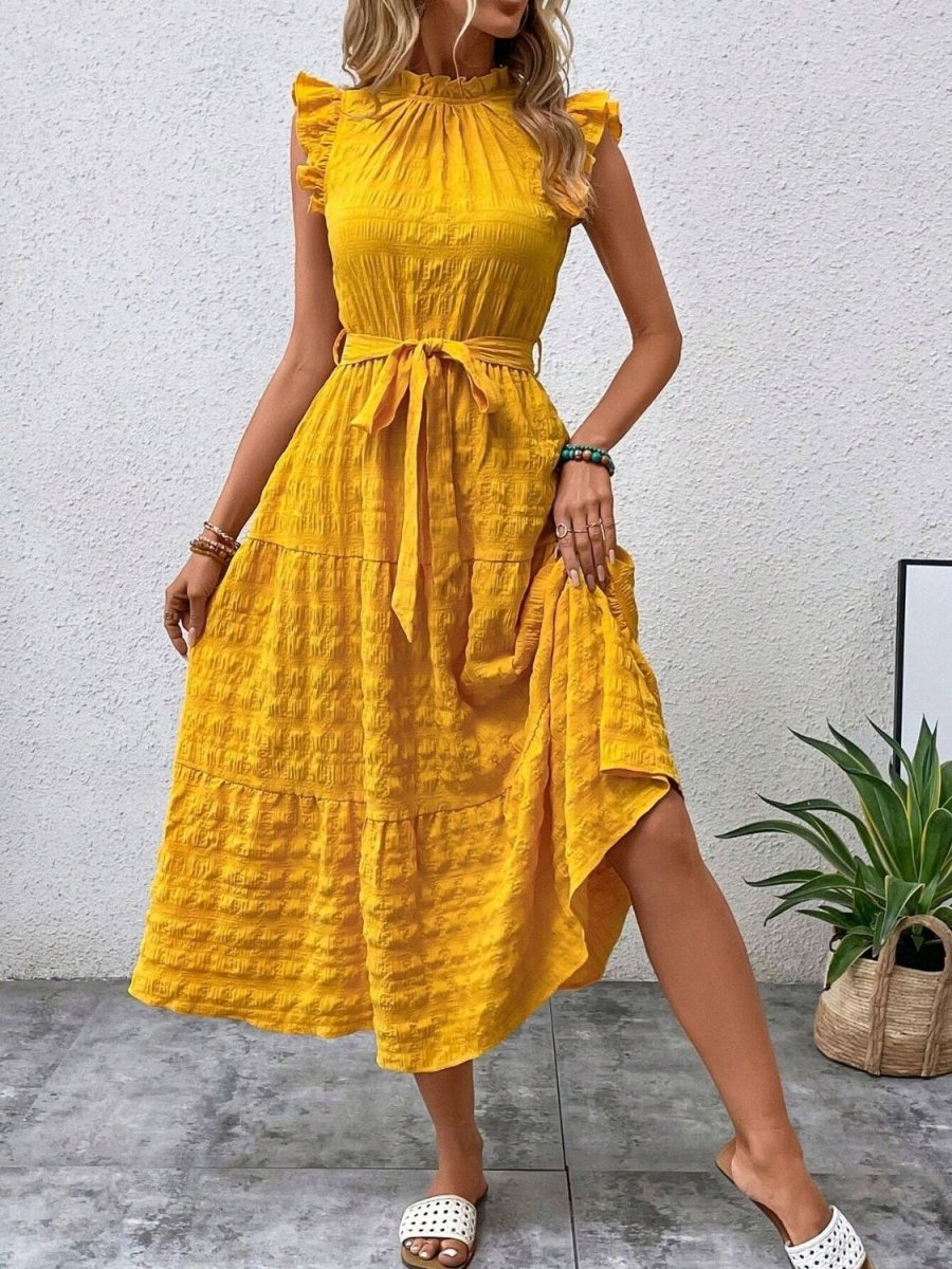 Elegantes Damen-Midikleid mit Rüschen-Cap-Ärmeln und Taillengürtel für femininen Anlassstil