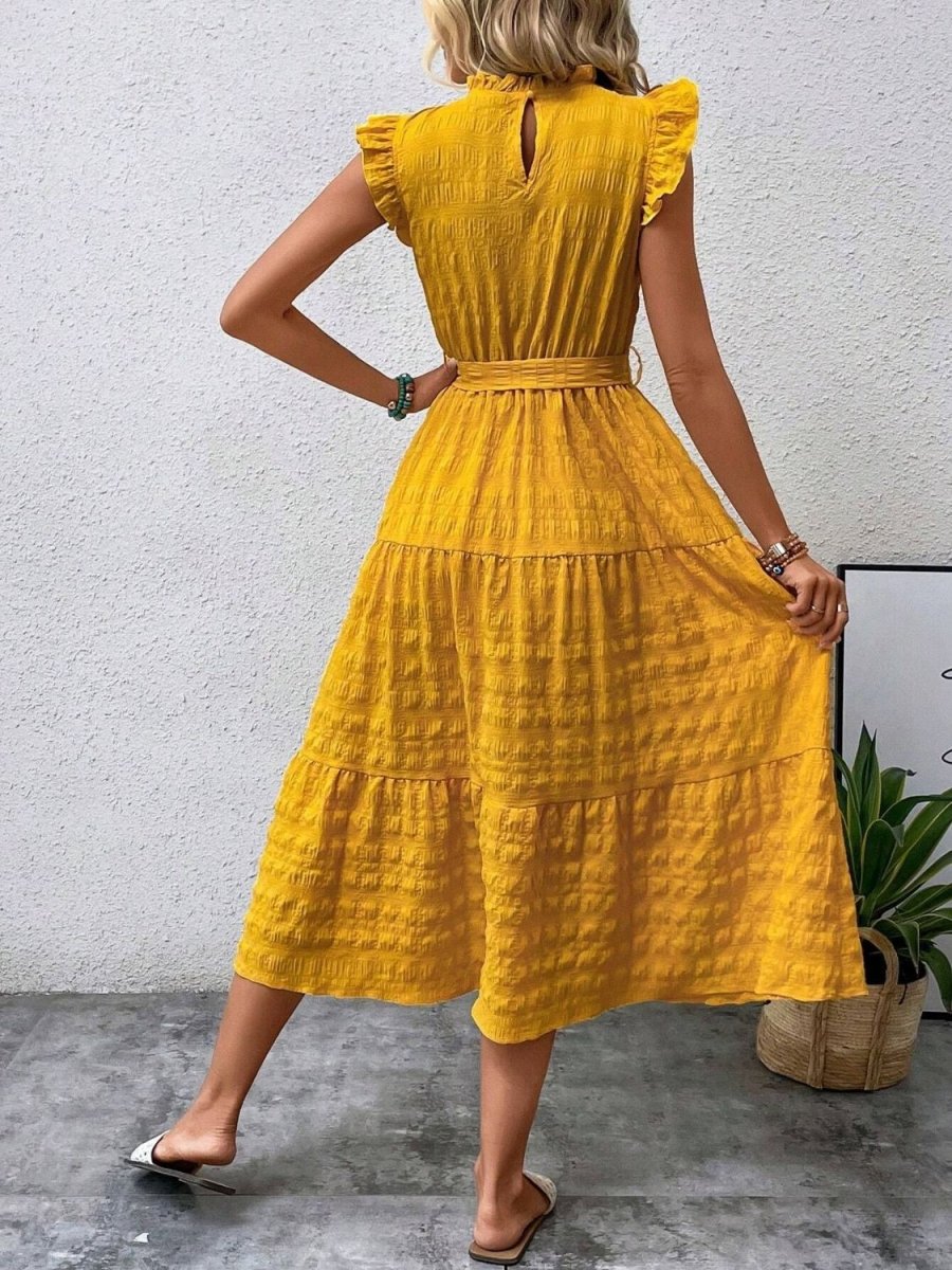 Elegantes Damen-Midikleid mit Rüschen-Cap-Ärmeln und Taillengürtel für femininen Anlassstil