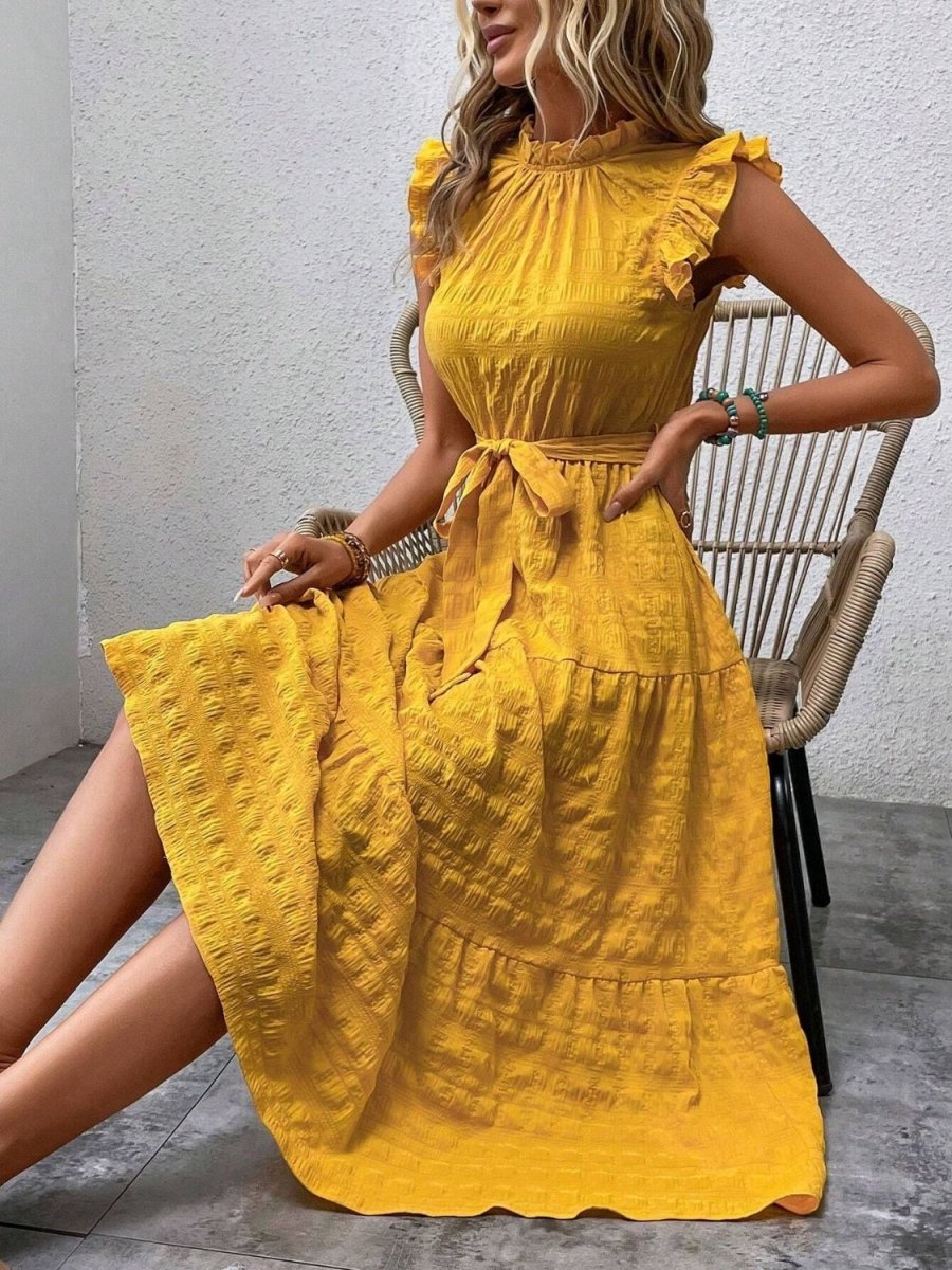 Elegantes Damen-Midikleid mit Rüschen-Cap-Ärmeln und Taillengürtel für femininen Anlassstil