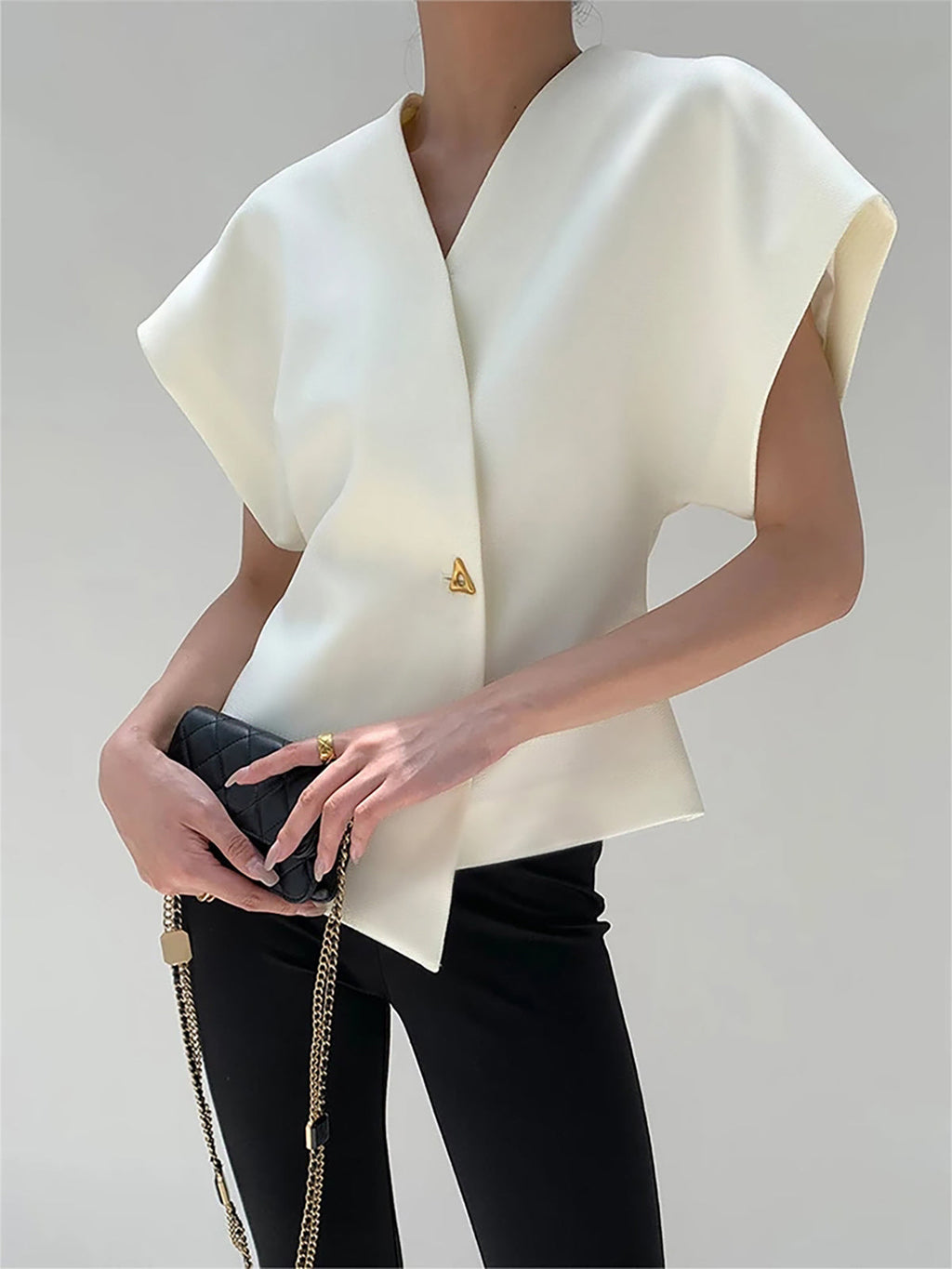 Women's Elegant V-Neck Top with Structured Sleeves for Smart Styling