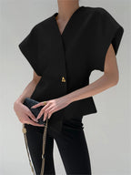 Women's Elegant V-Neck Top with Structured Sleeves for Smart Styling