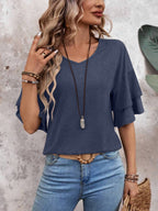 Damen V-Ausschnitt Bluse mit halblangen Ärmeln und Rüschendetail für eleganten und bequemen Alltag