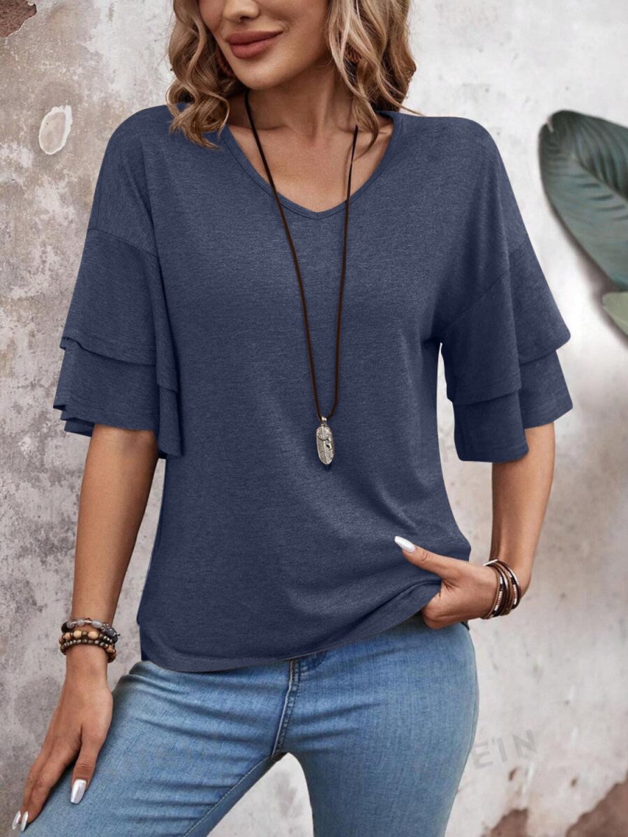 Damen V-Ausschnitt Bluse mit halblangen Ärmeln und Rüschendetail für eleganten und bequemen Alltag
