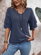 Damen V-Ausschnitt Bluse mit halblangen Ärmeln und Rüschendetail für eleganten und bequemen Alltag