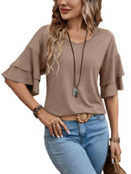 Damen V-Ausschnitt Bluse mit halblangen Ärmeln und Rüschendetail für eleganten und bequemen Alltag