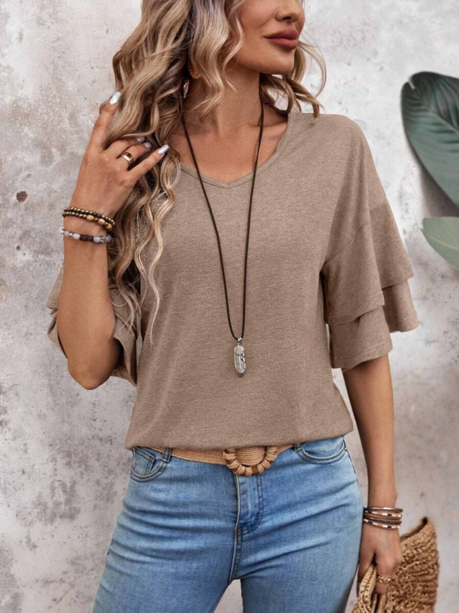 Damen V-Ausschnitt Bluse mit halblangen Ärmeln und Rüschendetail für eleganten und bequemen Alltag