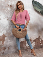 Damen V-Ausschnitt Bluse mit halblangen Ärmeln und Rüschendetail für eleganten und bequemen Alltag