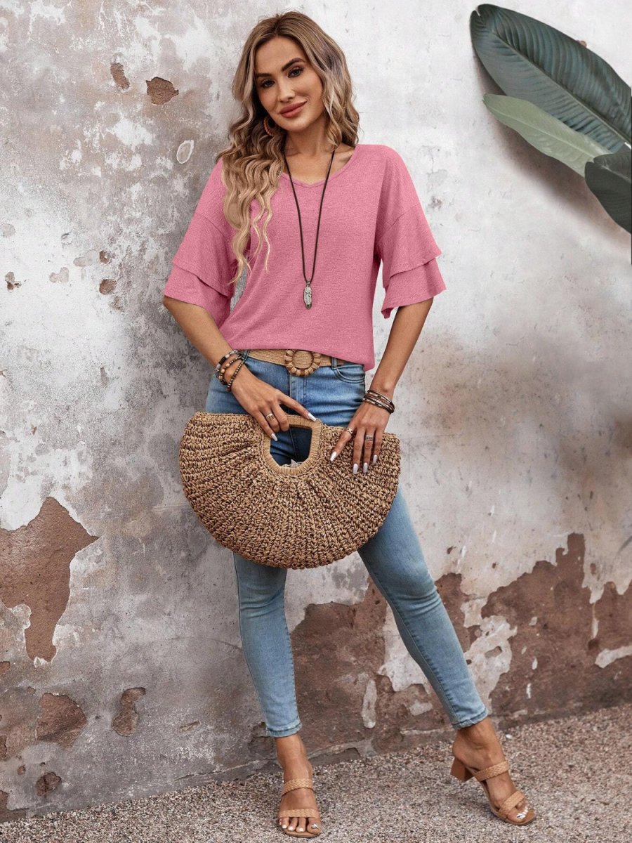 Damen V-Ausschnitt Bluse mit halblangen Ärmeln und Rüschendetail für eleganten und bequemen Alltag