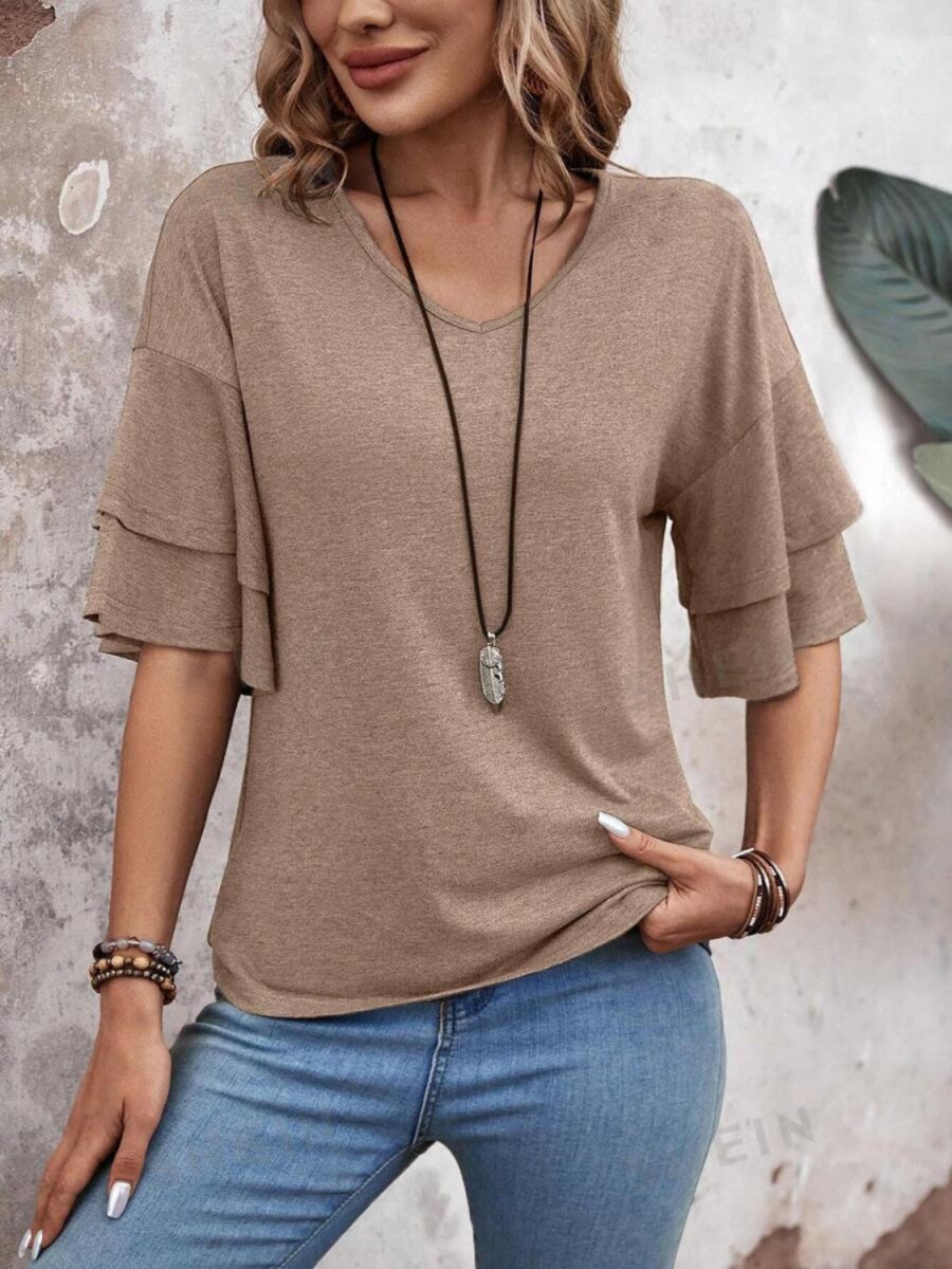 Damen V-Ausschnitt Bluse mit halblangen Ärmeln und Rüschendetail für eleganten und bequemen Alltag