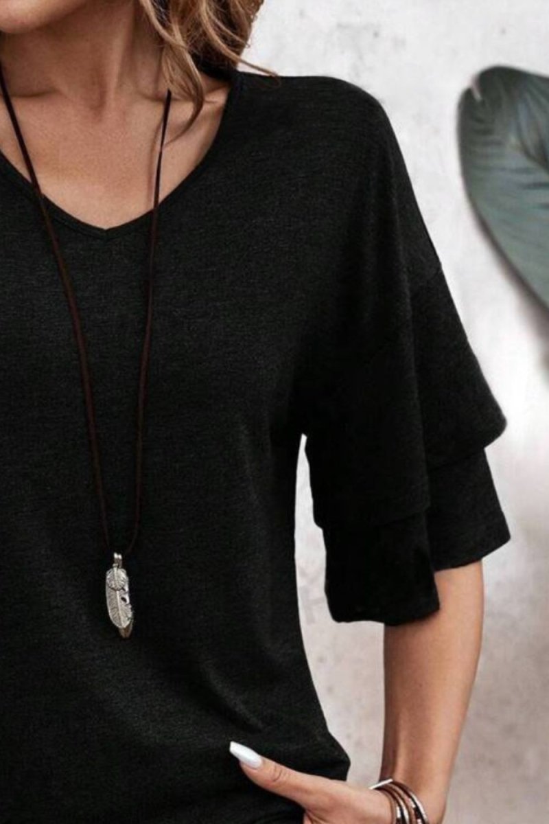 Damen V-Ausschnitt Bluse mit halblangen Ärmeln und Rüschendetail für eleganten und bequemen Alltag