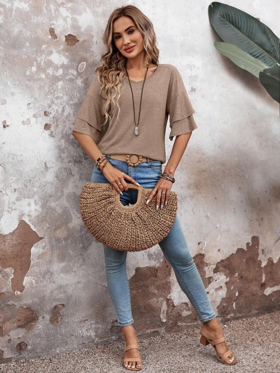 Damen V-Ausschnitt Bluse mit halblangen Ärmeln und Rüschendetail für eleganten und bequemen Alltag
