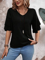 Damen V-Ausschnitt Bluse mit halblangen Ärmeln und Rüschendetail für eleganten und bequemen Alltag